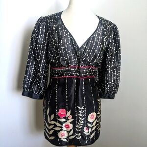 JOHN Paul Richard Black Floral Faux Wrap Tunic Tie Waist XL